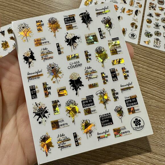 3D Nail Art Stickers! Holographic Gold Black Flowers, Love, Bee, Honey Designs - Picture 3 of 5